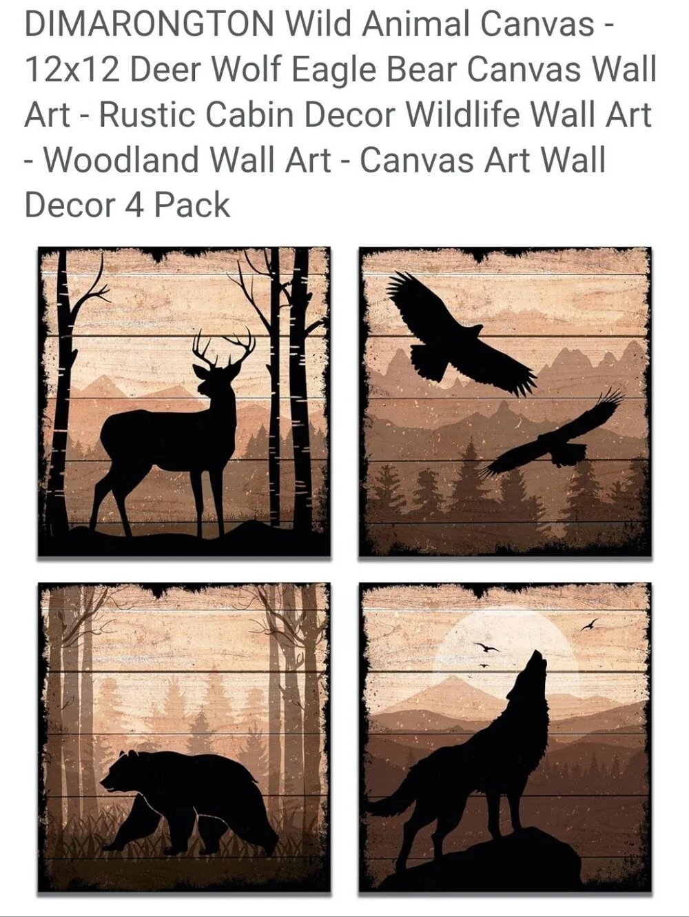 Rustic Wildlife Canvas Wall Art Set - Black Silhouette on Brown